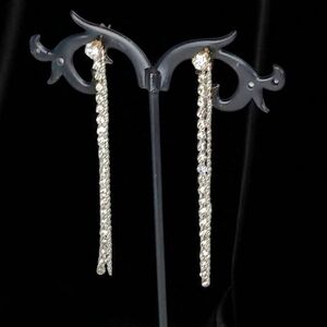 Sterling Diamond Stud Earrings Rhinestone Linear Drop.Showgirl Sparkly Tassels